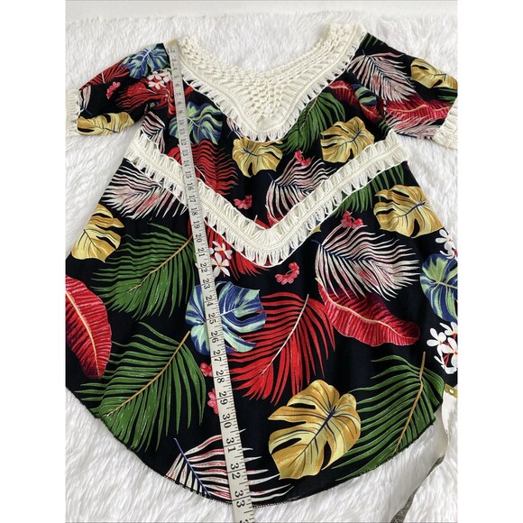 Boho Beach Hawaiia Blouse Crochet Size M/L Leaf Floral Print Multicolor Tropical - Picture 7 of 12